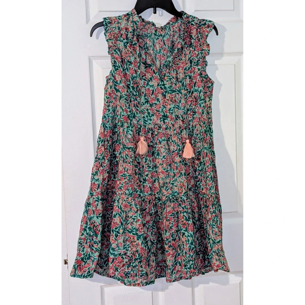 J. Crew Tiered Floral Ruffle V Neck Tassel Dress XS Mint Pink Green NWT‎ $98